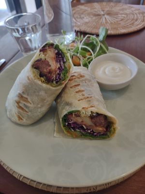 Teriyaki wrap 👍🏽 although I asked for the burger with vegan cheese at Annie in Koh Samui