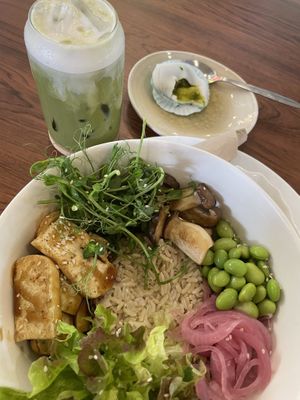 matcha latte with soy milk, matcha mochi, and build-your-own buddha bowl—the japanese style tofu is so good!  at Annie in Koh Samui