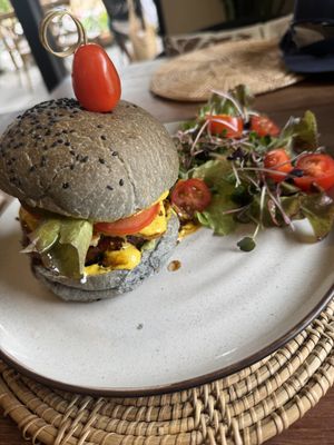 Teriyaki Burger with greens  at Annie in Koh Samui
