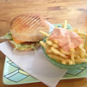 Gopal burger and fries  at Gopal - Vegan Deli in Barcelona