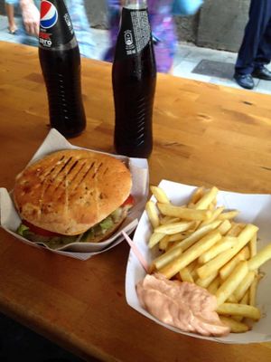 Burger Meal deal, includes burger with fries and a drink.  at Gopal - Vegan Deli in Barcelona