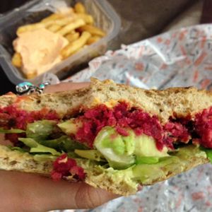 Beet burger and fries! at Gopal - Vegan Deli in Barcelona