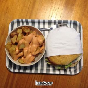 burger and potatoes   at Gopal - Vegan Deli in Barcelona