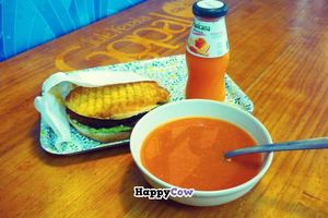 One of the menu choices of Gopal: a burger, gaspacho and a drink for 7 euro's at Gopal - Vegan Deli in Barcelona