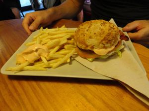 Vegan burger with fries at Gopal - Vegan Deli in Barcelona