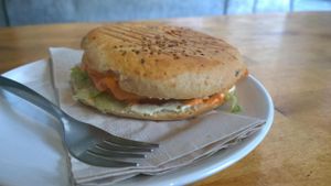 Burger in a bun at Gopal - Vegan Deli in Barcelona