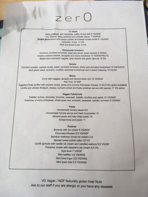 Menu at Zer0 in Manacor