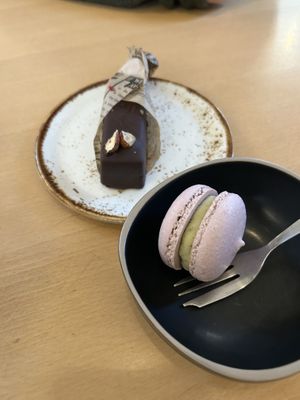 A chocolate “cheesecake” as well as a blackcurrant macaroon  at Moltto Coffee in Riga