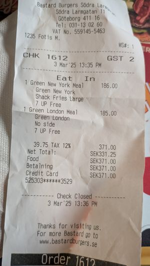 Receipt at Bastard Burgers - Södra Larmgatan in Gothenburg