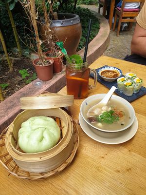 Bun, Lotus Suppe mit Fakemeat und Fresh Spring Rolls at Ong Tao Vegan in Frankfurt