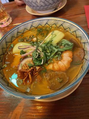 Nr 15 (pho with shrimp dumpling and Soja strips)  at Ong Tao Vegan in Frankfurt
