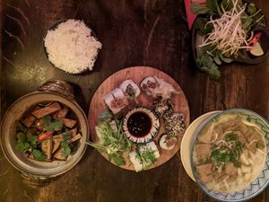 "fish" plate, sushi and udon soup at Ong Tao Vegan in Frankfurt