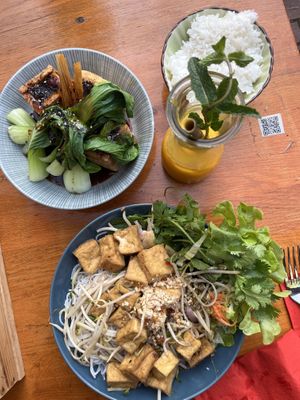 Stuffed tofu with pakchoi; rice noodles with tofu and side salad. Mango smoothie. All in all, really delicious and super cute location especially outside!  at Ong Tao Vegan in Frankfurt