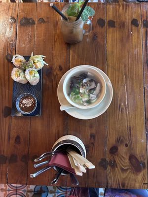 Tamarind ginger lemonade lekker not too sweet, soup and summer rolls  at Ong Tao Vegan in Frankfurt