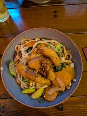 Udon noodles with konjak shrimps at Ong Tao Vegan in Frankfurt