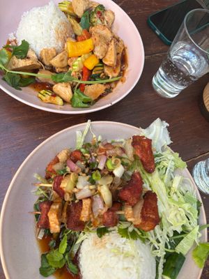 Lemongrass "chicken" and grilled "char siu" from seitan at Ong Tao Vegan in Frankfurt