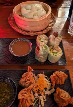 Vorspeisen von oben nach unten: Gedämpftes Brötchen (süßlich), Sommerrollen mit Ente und knusprig mit Tofu gefüllte Bällchen at Ong Tao Vegan in Frankfurt