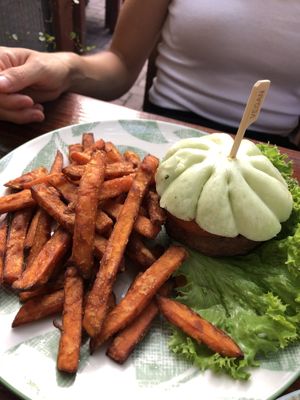 Burger with sweet potato fries  at Ong Tao Vegan in Frankfurt