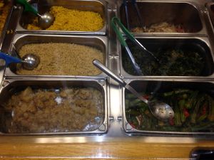 pumpkin rice, quinoa, 2 types of squash, cabbage vinaigrette, kale with garlic, okra at Fire & Spice Vegan Restaurant - Sisson Ave in Hartford