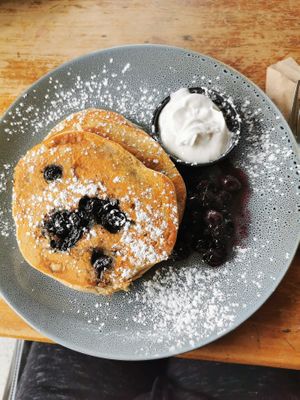 Blueberry buckwheat pancakes at Lava Glass in Taupo