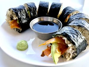 The Philly Roll with brown rice, smoked carrot 🥕 “salmon”, house cream cheese, avocado 🥑 and cucumber 🥒 at Sprout Vegan Cafe in Kihei