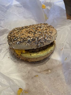The vegan breakfast sandwich from the menu. Next time I would do a wheat/plain bagel to let the flavors of the sandwich through more, but SO good  at Yorgo's Bageldashery in Norfolk