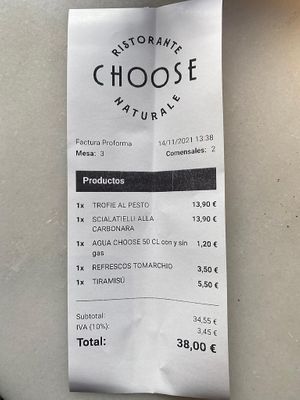 Receipt  at Choose in Madrid