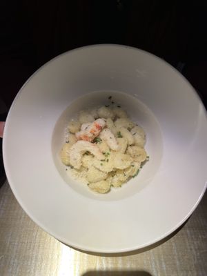 Gnocchi gorgonzola. Zucchini and  sea food  at Choose in Madrid