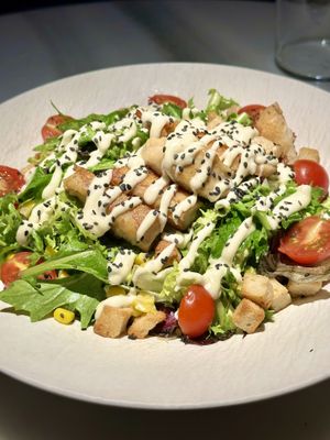 Alexander Salad - grilled “chicken”, cherry tomatoes, corn, croutons, mayonnaise and black sesame.  at Choose in Madrid