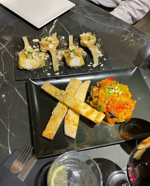 Starters: the focaccia with roasted veggies was great  at Choose in Madrid