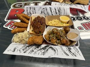 Vegan chikn strips, vegan chili dawg, vegan Mac, vegan mash, and vegan fried Brussels   at Browns Bar B Q  in Midland