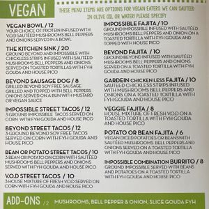 This is the full vegan menu  at Browns Bar B Q  in Midland