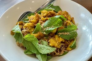 Rice noodles with grilled soya chunks and fresh mint  at Alam Green Lotus in Ubud