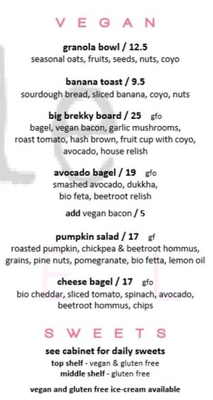 vegan menu at Settle Gretel in Carrum