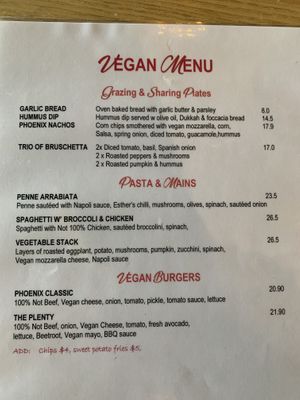 Vegan menu. 2 items not available   at Phoenix & Co in Plenty