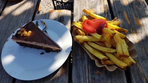 Hefty vegan peanut butter brownie cake & superb rosemary fries at Café Gans am Wasser in Munich