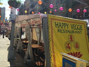 Outdoor seating during pandemic. at Happy Veggie Restaurant in New York City