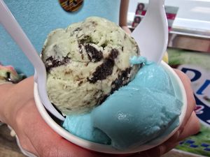 Blue moon and mint oreo at Big River Scoop Ice Cream in Bemidji
