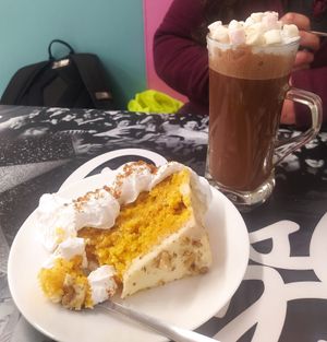Carrot cake and hot chocolate at Eduardo's Gone Vegan in Manchester