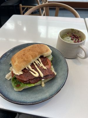Vegan BLT and matcha latte  at BARE - Bites Bowls & Brews in Bowral