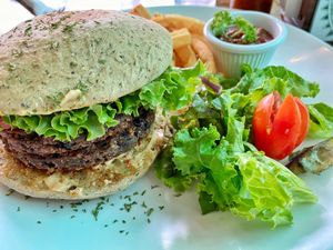 De La Montaña vegan burger   at Indómitos Café & Bar in Uvita