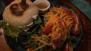 Beyond burger with saladd  at Indómitos Café & Bar in Uvita