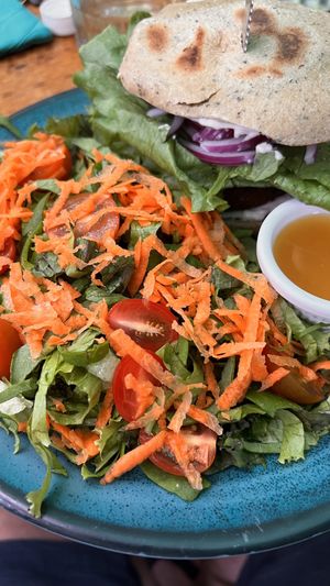 Falafel burger with saladd  at Indómitos Café & Bar in Uvita