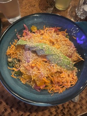 Raw Rainbow Salad with grated walnut on top   at Indómitos Café & Bar in Uvita