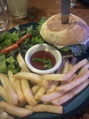 Beyond Burger w/side salad & fries   at Indómitos Café & Bar in Uvita