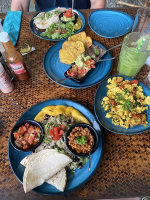 Seitan tacos, platacones and big breakfast with scrambled tofu (and green smoothie)   at Indómitos Café & Bar in Uvita