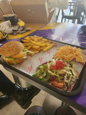 Fish Fillet Burger, Fries, Coleslaw and Salad. at Hank's Vegan Restaurant in Ipswich