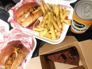 Korean, chickn supreme, garlic and thyme fries, chocolat cake at Hank's Vegan Restaurant in Ipswich