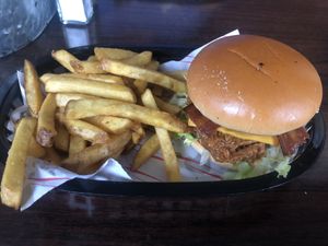 Hunters chick’n burger and fries  at Hank's Vegan Restaurant in Ipswich