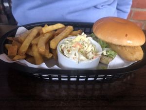 Fillet no fish with fries and coleslaw  at Hank's Vegan Restaurant in Ipswich